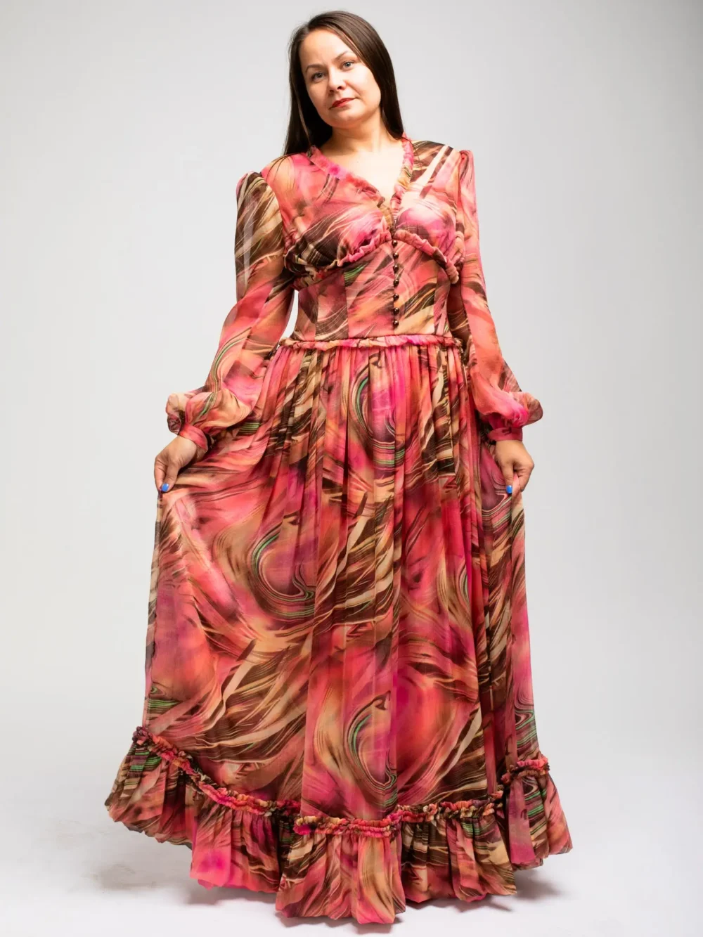 ŠIFONINĖ ROŽINĖ SUKNELĖ SU RUDAIS ATSPALVIAIS