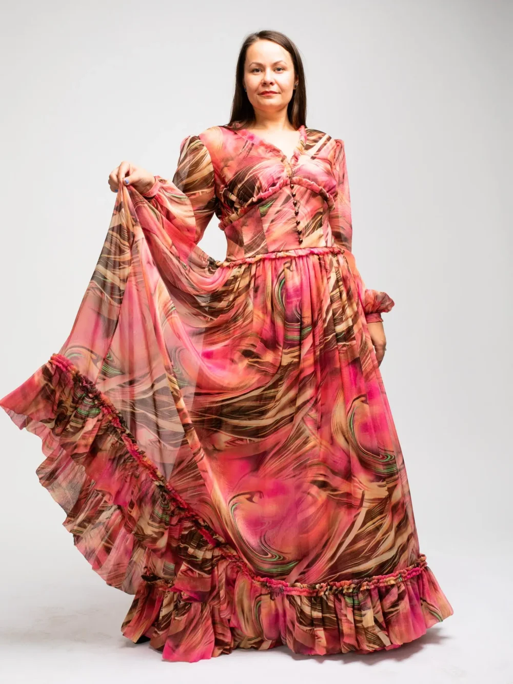 ŠIFONINĖ ROŽINĖ SUKNELĖ SU RUDAIS ATSPALVIAIS